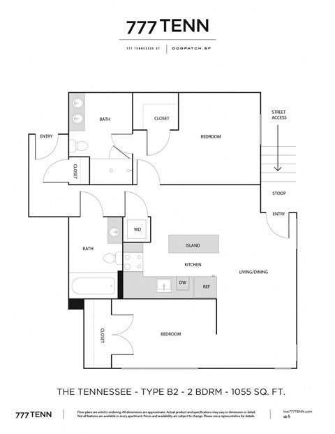Floor plan for 2 beds, 2 baths, 1127 sqft